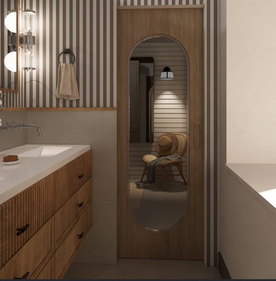 Baño con papel pintado de rayas
