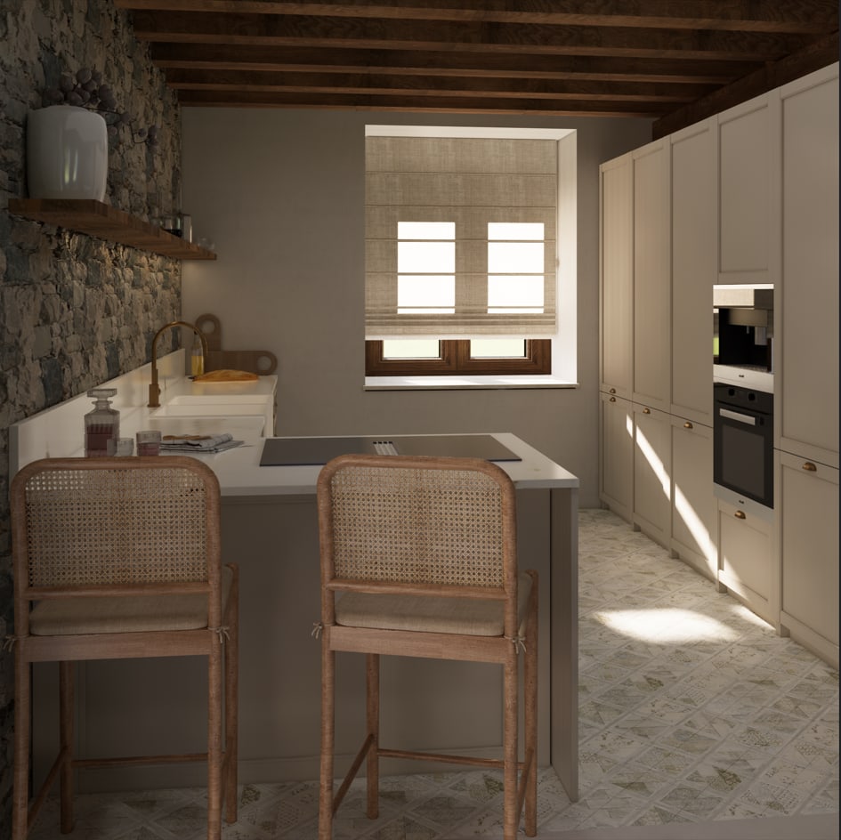 Cocina con isla y taburetes de fibra