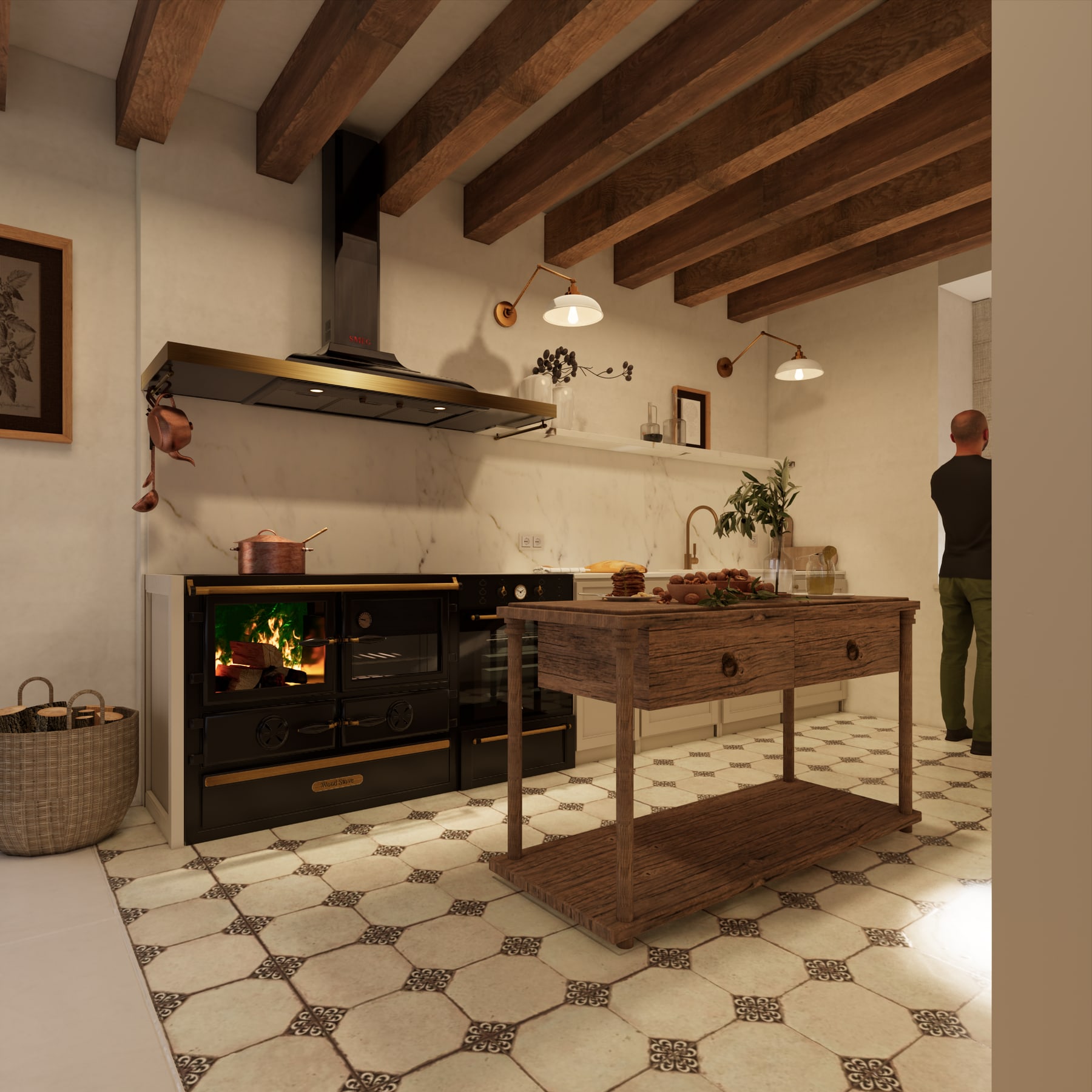 Cocina rústica con hogar de leña