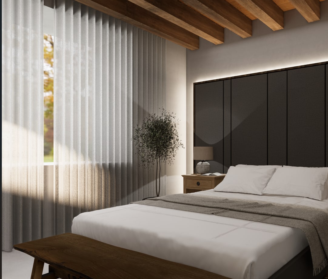 Dormitorio con vigas vistas